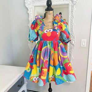 New York Couture Reworked Colorful ELMO Sesame Street Ruffle Puff Sleeve Dress